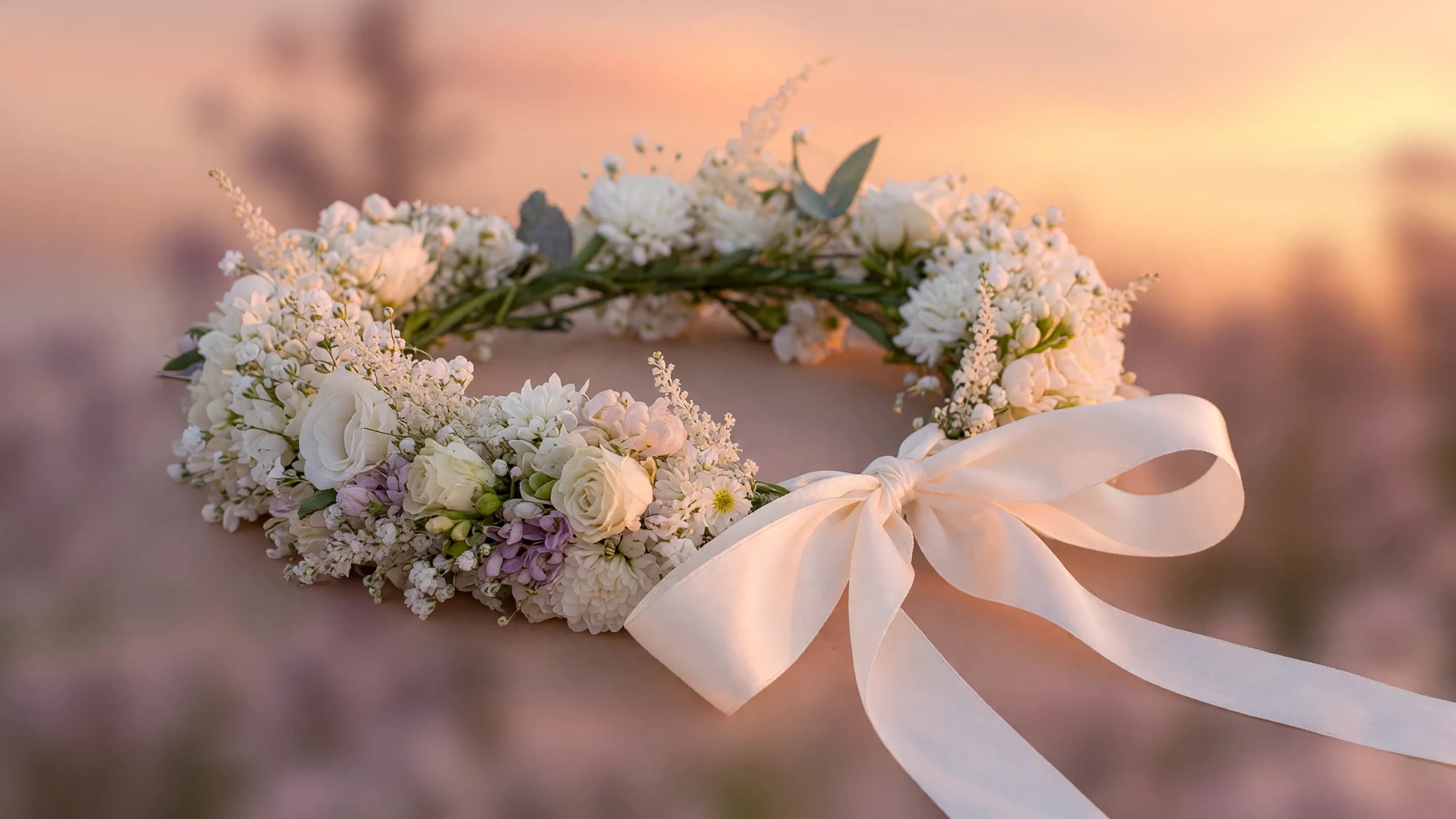 Corona de flores blancas con una cinta de seda en blanco, bajo luz suave de atardecer